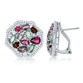 Sterling Silver Large Hexagon w/ Center Multi-Color CZ's & CZ Border Earrings